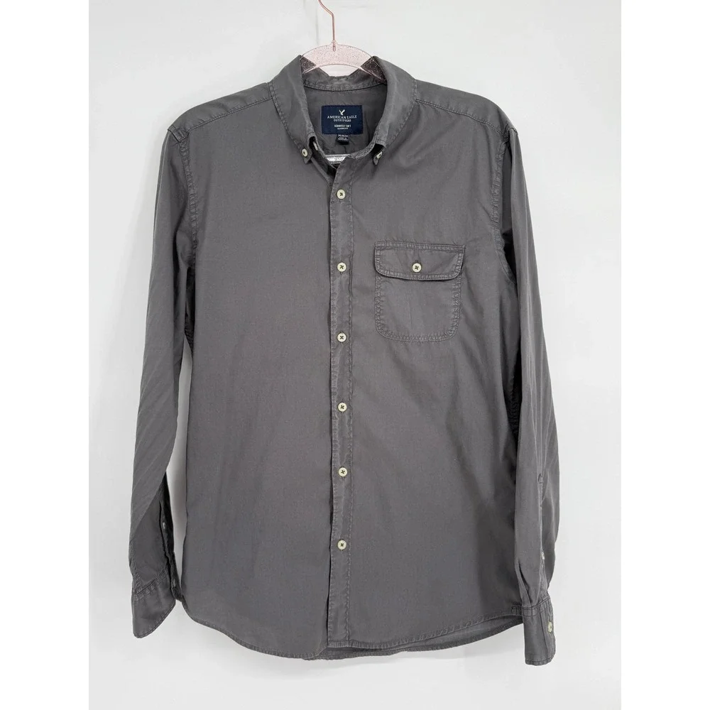 American Eagle Outfitters Mens Classic Fit Long Sleeve Button Down Shirt Gray‎ M